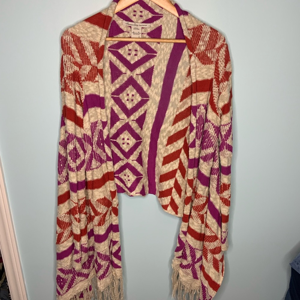 American Rag Open Front Aztec Print Fringe Cardig… - image 1